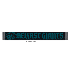 The Belfast Giants Script Text Black Scarf by Belfast Giants features bold script text, a stylish black and teal design, a striking giant’s face on the left, and an eye-catching monogram pattern for extra flair.