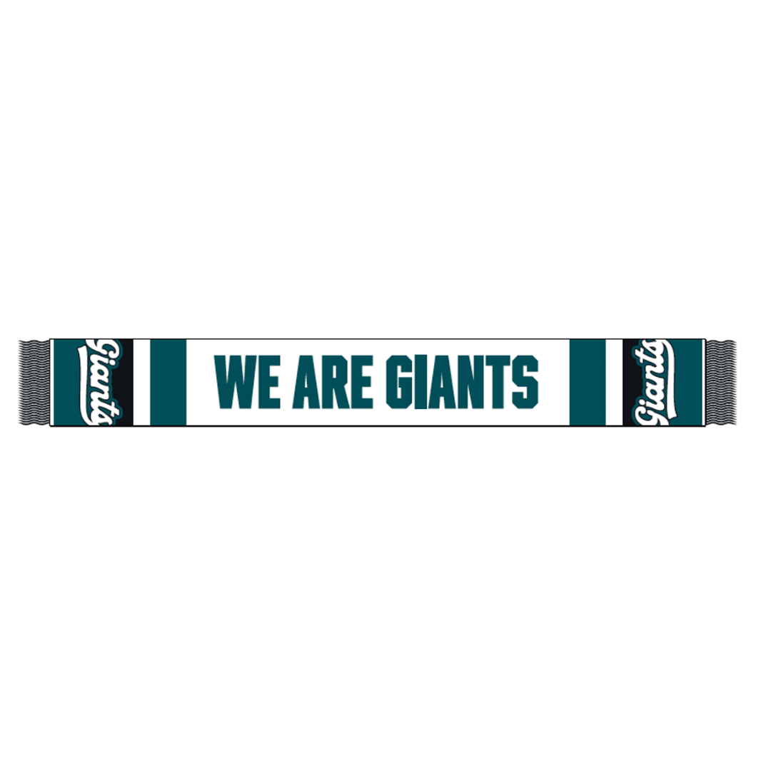 The Belfast Giants We Are Giants Scarf White by Belfast Giants features dark teal and white stripes, bold WE ARE GIANTS lettering on a white background, and Giants on each end—perfect for match nights.