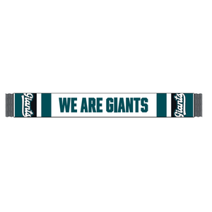 The Belfast Giants We Are Giants Scarf White by Belfast Giants features dark teal and white stripes, bold WE ARE GIANTS lettering on a white background, and Giants on each end—perfect for match nights.