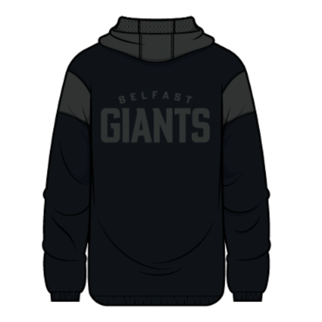 The Belfast Giants Anorak Black features dark grey shoulder accents, BELFAST GIANTS in bold dark grey on the upper back, and the Giants logo above the front zip pouch.