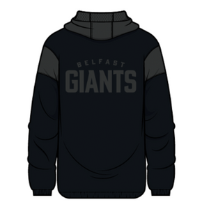 The Belfast Giants Anorak Black features dark grey shoulder accents, BELFAST GIANTS in bold dark grey on the upper back, and the Giants logo above the front zip pouch.