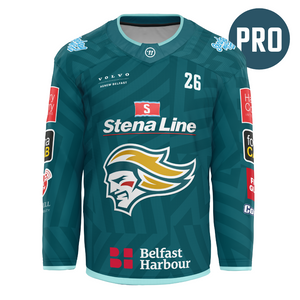 Teal sports jersey with various logos on a white background
