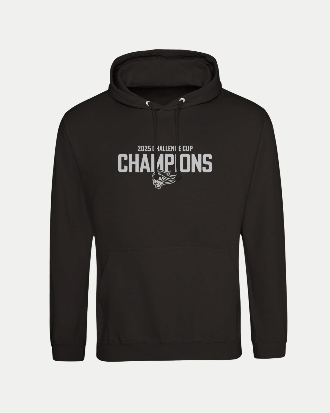 The Made To Order Belfast Giants Challenge Cup Champions 2025 Pullover Hoodie Black features a white stylized wolf logo and "2025 CHALLENGE CUP CHAMPIONS" on the chest. Branded by Belfast Giants, this unisex hoodie offers white drawstrings and a custom fit.
