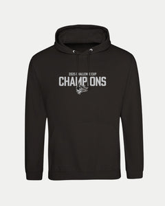 The Made To Order Belfast Giants Challenge Cup Champions 2025 Pullover Hoodie Black features a white stylized wolf logo and "2025 CHALLENGE CUP CHAMPIONS" on the chest. Branded by Belfast Giants, this unisex hoodie offers white drawstrings and a custom fit.