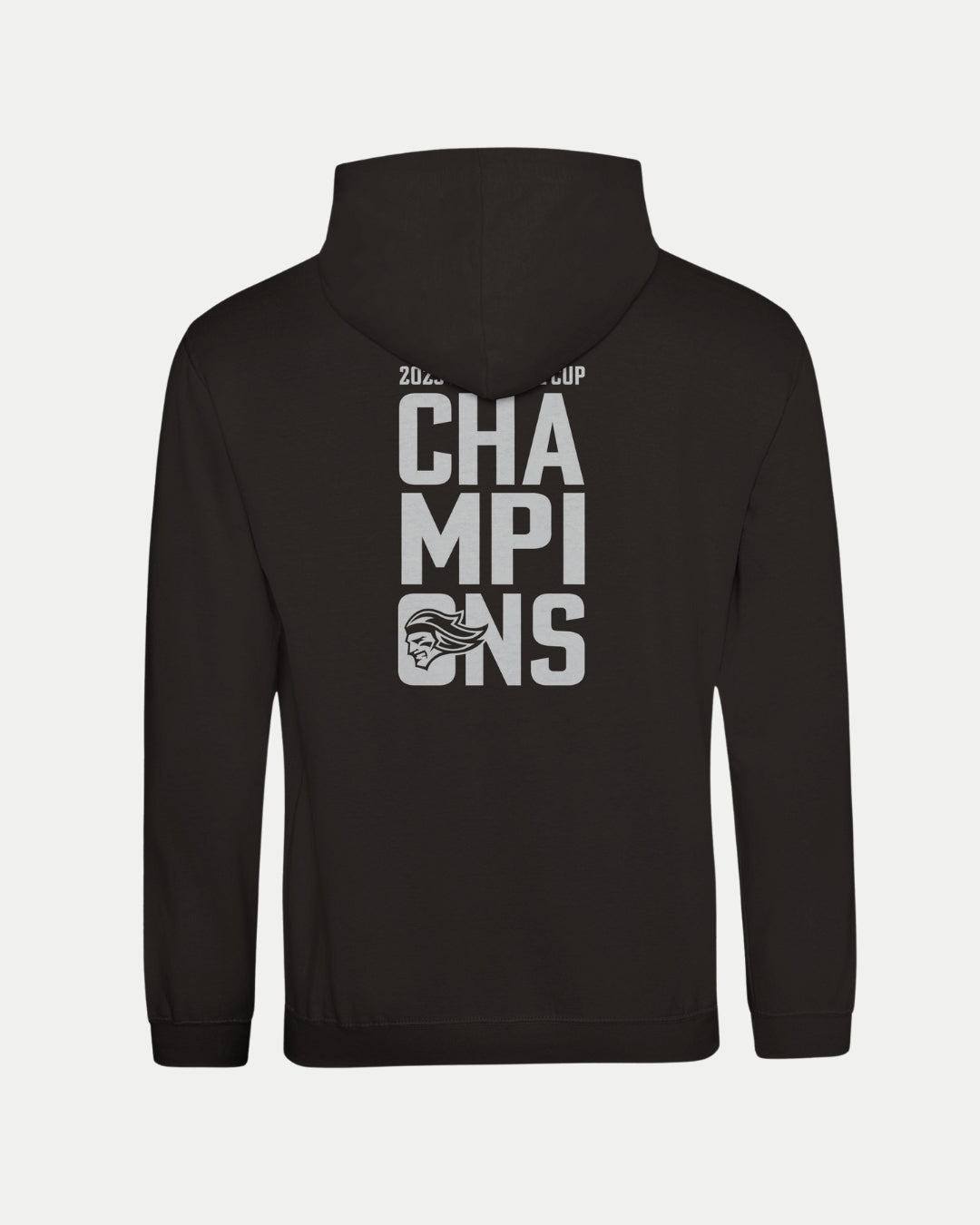 Celebrate the Belfast Giants with this black, made-to-order unisex pullover hoodie featuring bold white "2025 CHALLENGE CUP CHAMPIONS" text and the team logo stacked on the back.