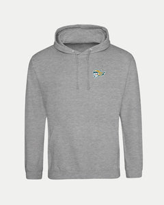 The Belfast Giants Made-To-Order Giants Est 2000 Pullover Hoodie in grey is a unisex hoodie with drawstrings, featuring a small colorful bird logo on the left chest for stylish, comfortable everyday wear.