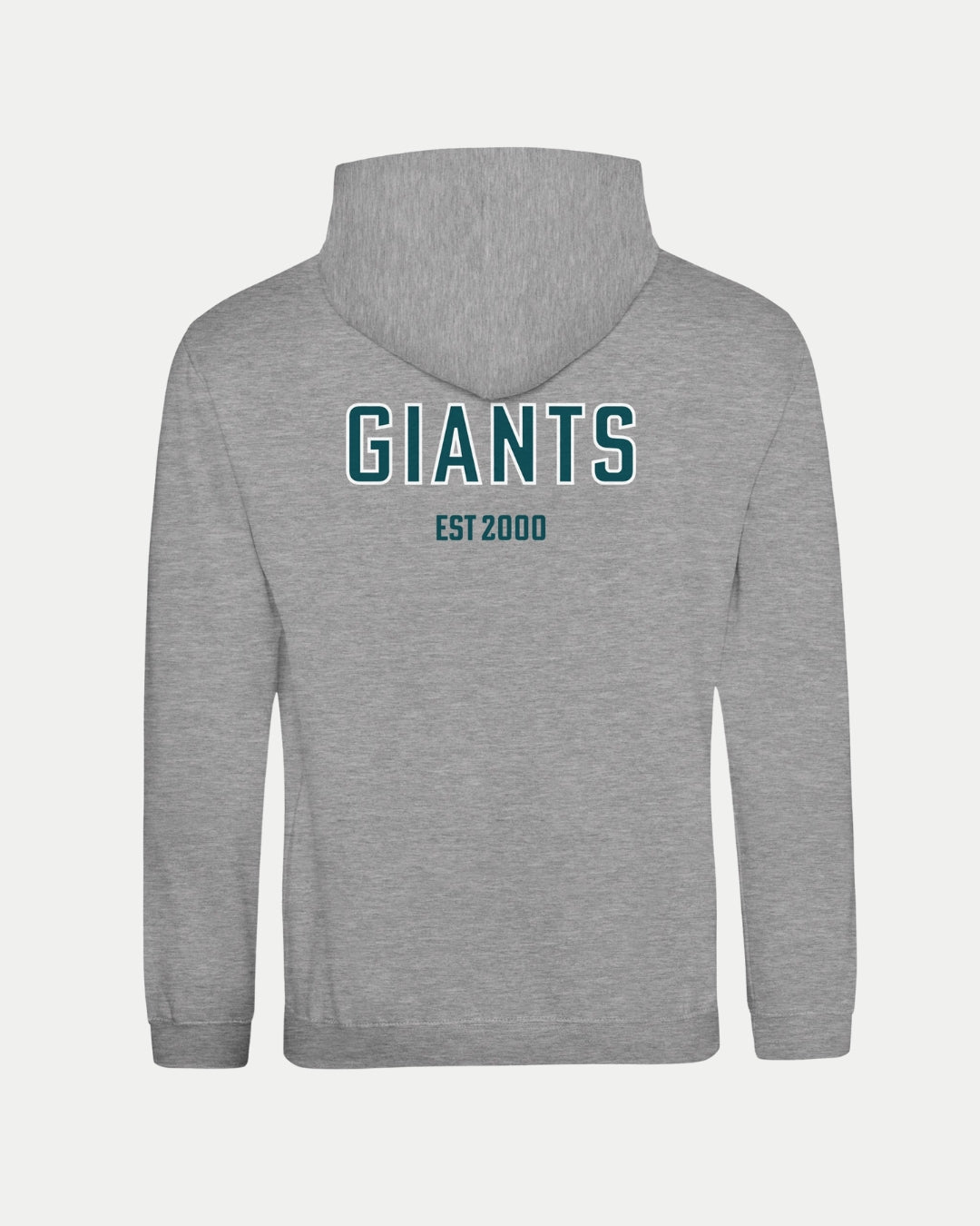The Made-To-Order Giants Est 2000 Pullover Hoodie Grey by Belfast Giants is a unisex hoodie featuring bold teal “GIANTS” on the front and “EST 2000” on the back—perfect for fans who value comfort and style.