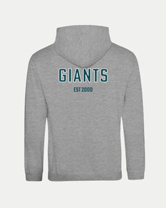The Made-To-Order Giants Est 2000 Pullover Hoodie Grey by Belfast Giants is a unisex hoodie featuring bold teal “GIANTS” on the front and “EST 2000” on the back—perfect for fans who value comfort and style.