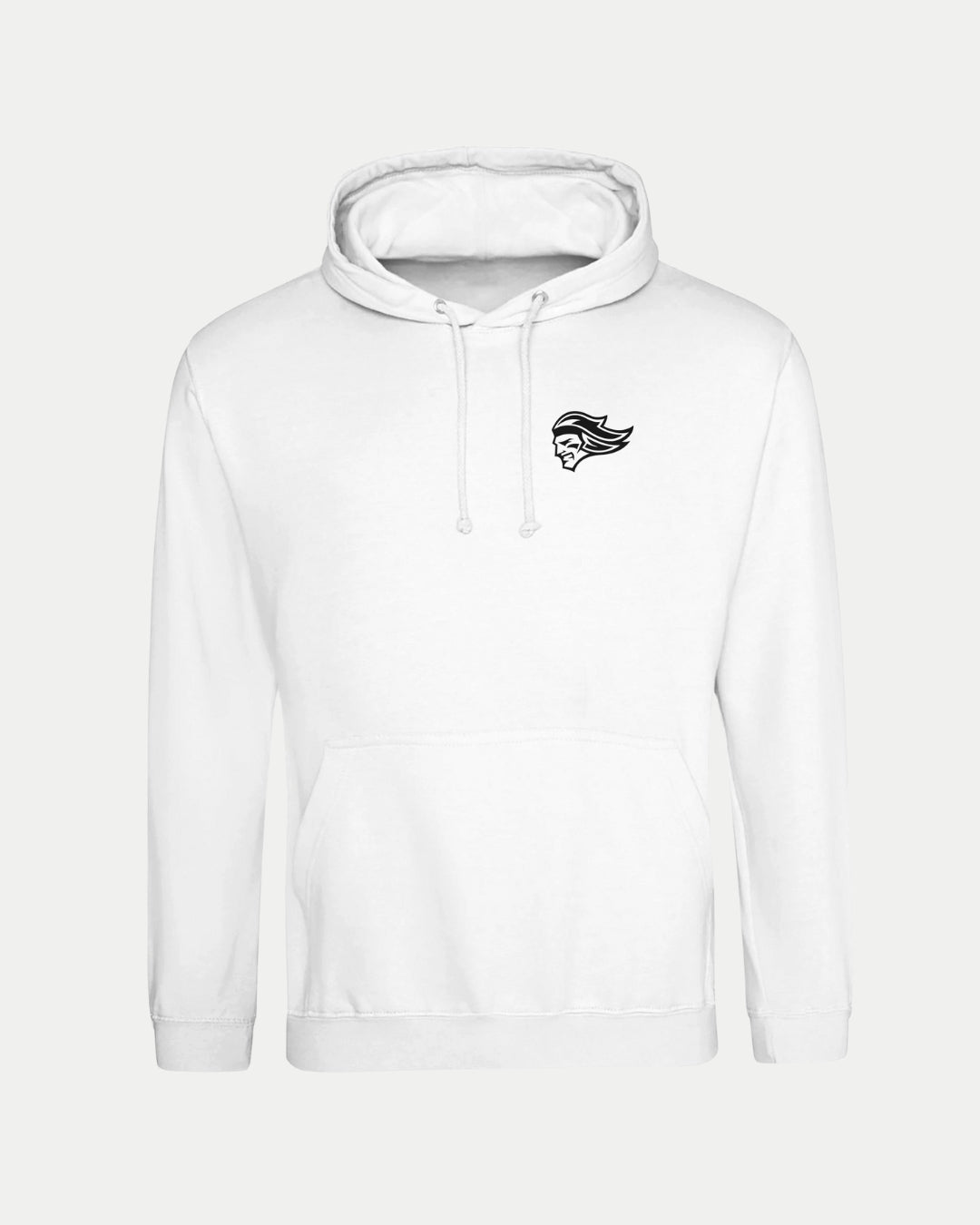 The Belfast Giants Made-To-Order Giants Est 2000 Pullover Hoodie White is a unisex hoodie with a front pocket, drawstring hood, and a small black helmet head graphic on the left chest—perfect for any fan.