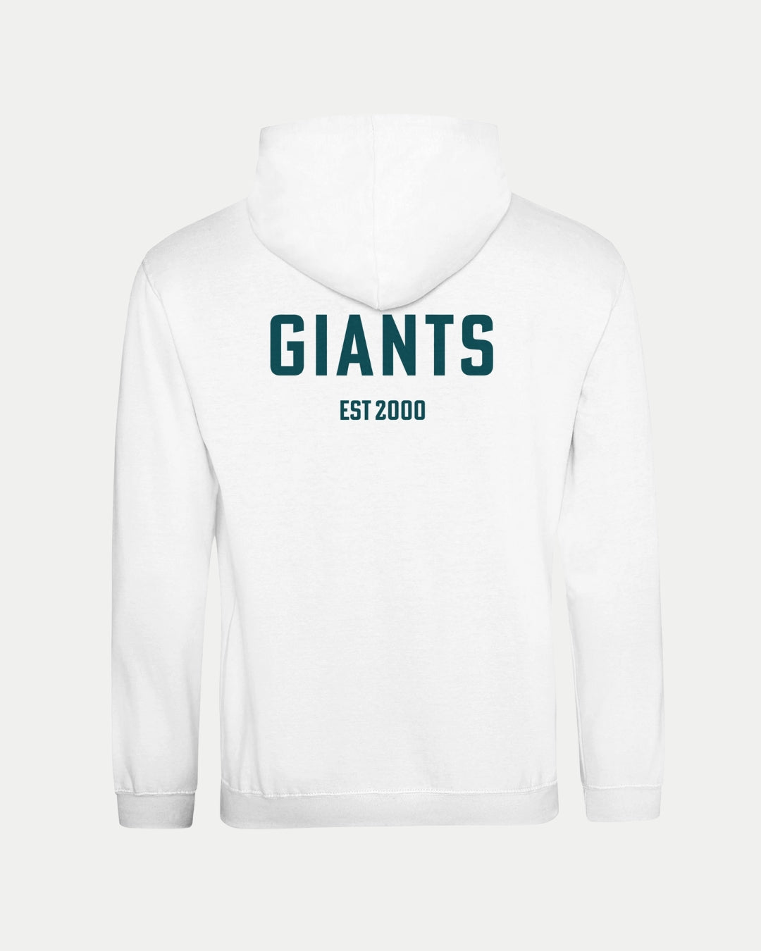 The Belfast Giants Made-To-Order Giants Est 2000 Pullover Hoodie White features "GIANTS" and "EST 2000" in bold dark green on the back—a unisex hoodie that's perfect for fans.