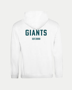 The Belfast Giants Made-To-Order Giants Est 2000 Pullover Hoodie White features "GIANTS" and "EST 2000" in bold dark green on the back—a unisex hoodie that's perfect for fans.