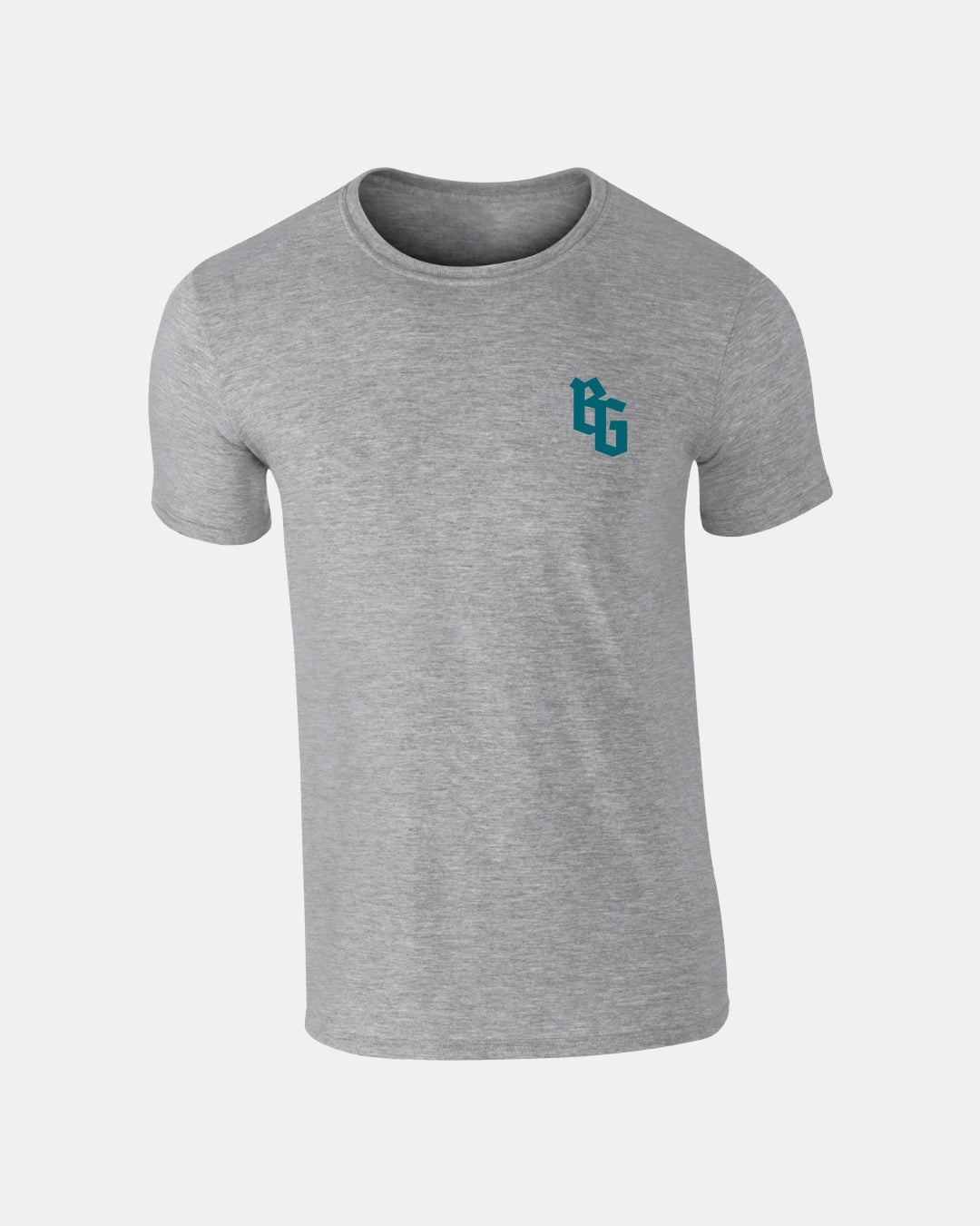 The BG Logo Grey T-Shirt by Belfast Giants features a small dark teal “BG” logo on the left chest, a round neck, and short sleeves in light gray. Displayed against a plain white background, it offers a clean, modern look.