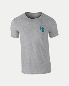 The BG Logo Grey T-Shirt by Belfast Giants features a small dark teal “BG” logo on the left chest, a round neck, and short sleeves in light gray. Displayed against a plain white background, it offers a clean, modern look.