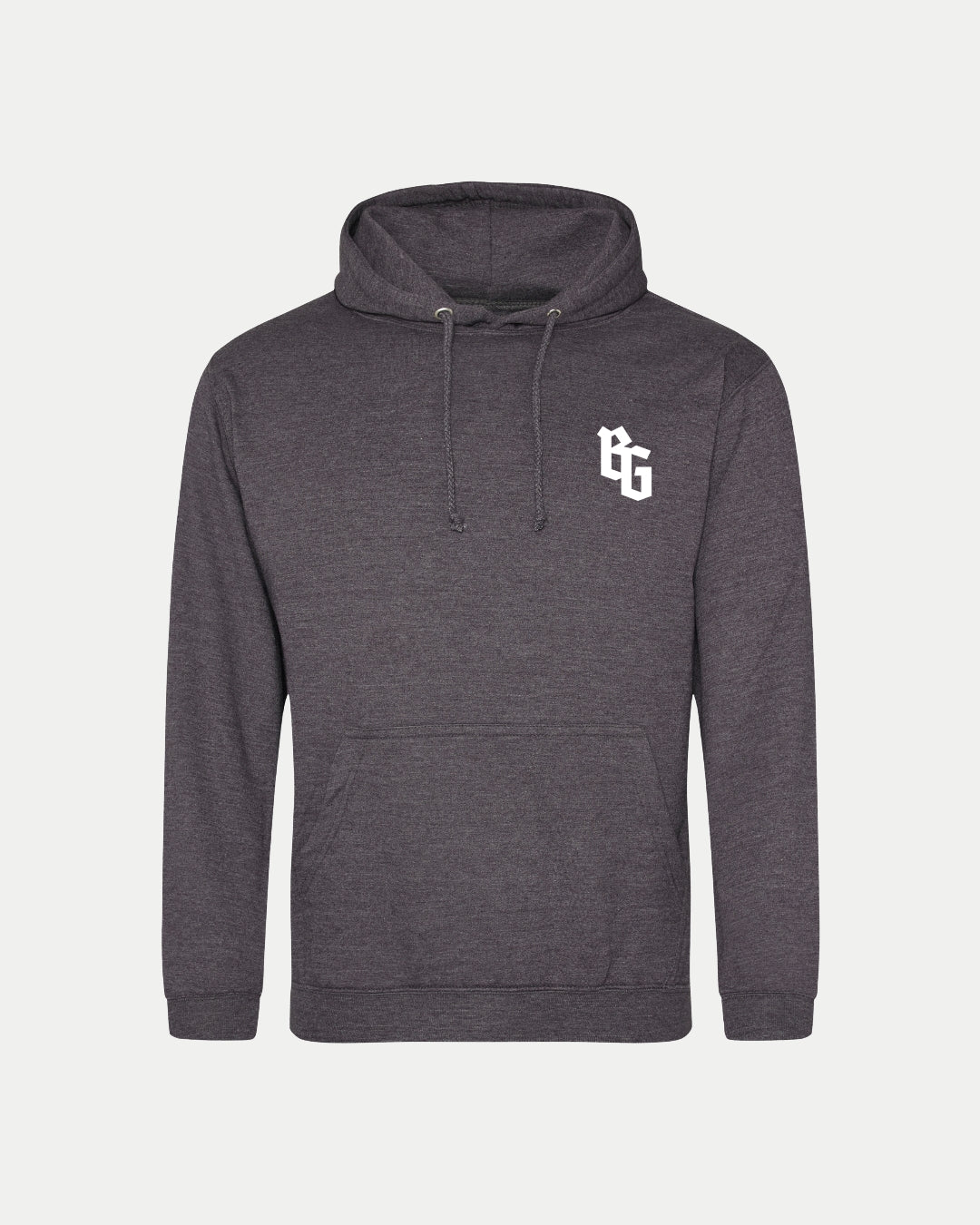 The BG Logo Grey Hoodie by Belfast Giants is a dark gray sweatshirt with a front pocket, drawstrings, and a white BG logo on the left chest. Shown on a plain white background, it's ideal for everyday casual wear.