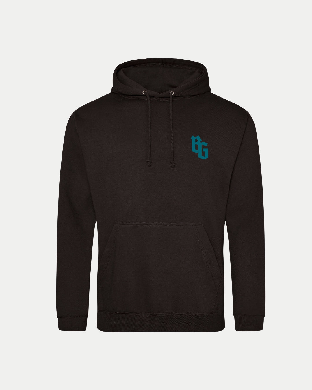 The BG Logo Black Hoodie by Belfast Giants features a front pocket, drawstring hood, and a small teal BG logo on the left chest—ideal for comfort and street style.