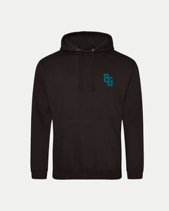 The BG Logo Black Hoodie by Belfast Giants features a front pocket, drawstring hood, and a small teal BG logo on the left chest—ideal for comfort and street style.
