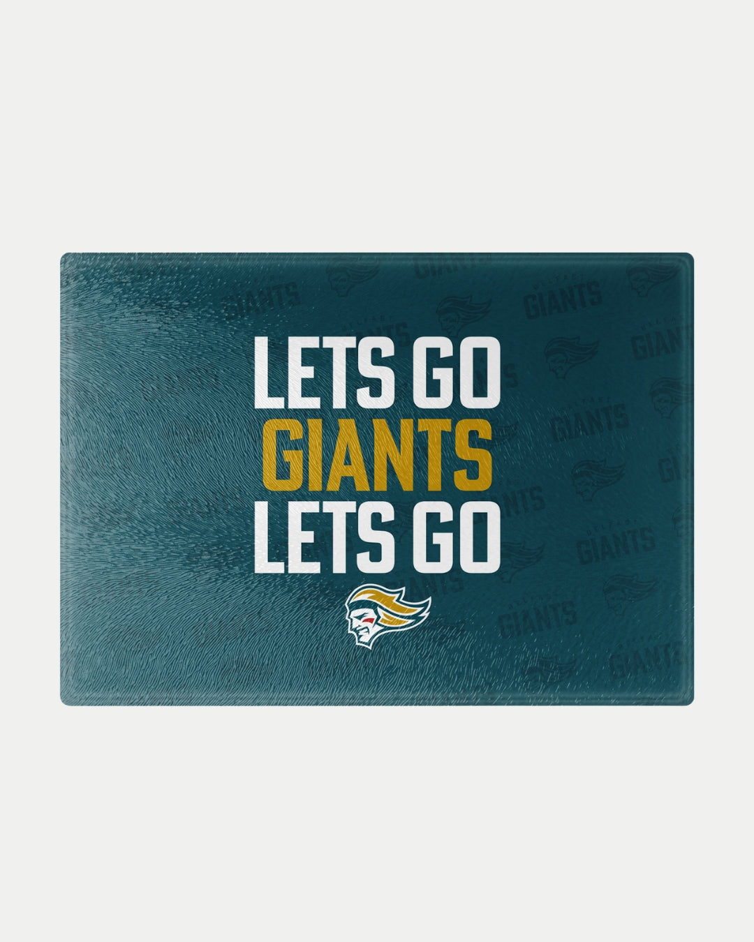 The Lets Go Giants Chopping Board by Belfast Giants, made to order to minimize waste, features "LETS GO GIANTS LETS GO" in bold white and yellow with a stylized roaring giant head logo on a dark teal background with a subtle pattern.