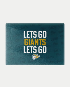 The Lets Go Giants Chopping Board by Belfast Giants, made to order to minimize waste, features "LETS GO GIANTS LETS GO" in bold white and yellow with a stylized roaring giant head logo on a dark teal background with a subtle pattern.