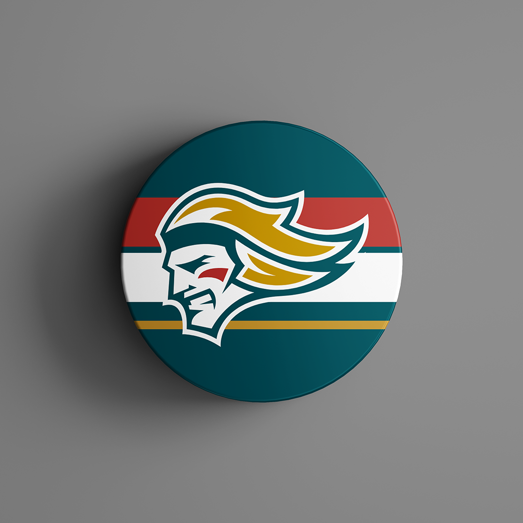 The Belfast Giants Striped Hockey Puck 25-26 from Belfast Giants Store by National Merchandise features a stylized helmeted figure logo set on red, white, and green stripes with a gold line on a gray background.