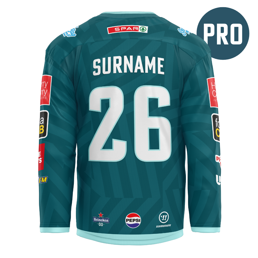 A Belfast Giants Custom Authentic Goalie Pro 25/26 Home Jersey by Warrior, shown from the back in teal, features SURNAME and number 26 with sponsor logos including SPAR, Heineken, and Pepsi.