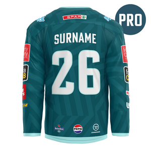 A Belfast Giants Custom Authentic Goalie Pro 25/26 Home Jersey by Warrior, shown from the back in teal, features SURNAME and number 26 with sponsor logos including SPAR, Heineken, and Pepsi.