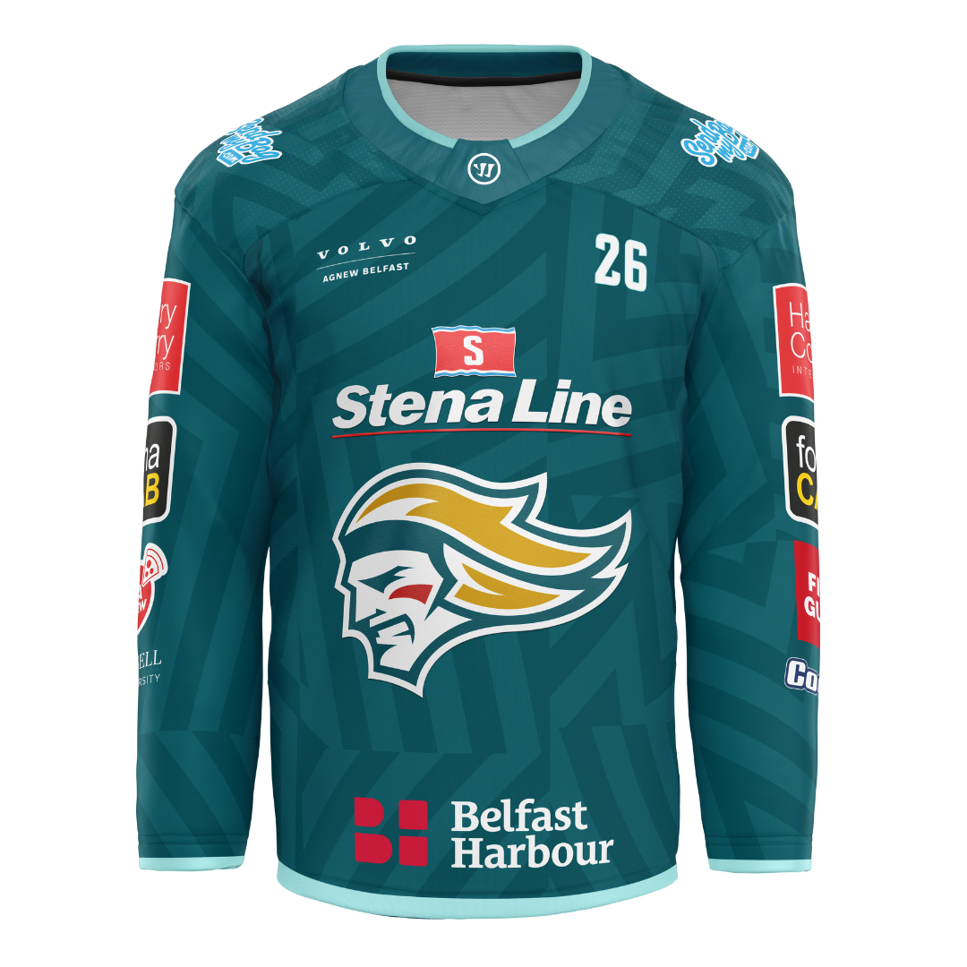 The Belfast Giants Custom Fan Goalie Replica 25/26 Home Jersey features the team logo, sponsor logos (Stena Line, Belfast Harbour), and number 26 on the shoulder—ideal as a customized teal hockey jersey for any fan.