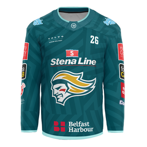 The Belfast Giants Fan Goalie Replica 25/26 Home Jersey features a teal design with a stylized head logo, number 26, and sponsor logos like Stena Line and Belfast Harbour—ideal for fans wanting an authentic look.