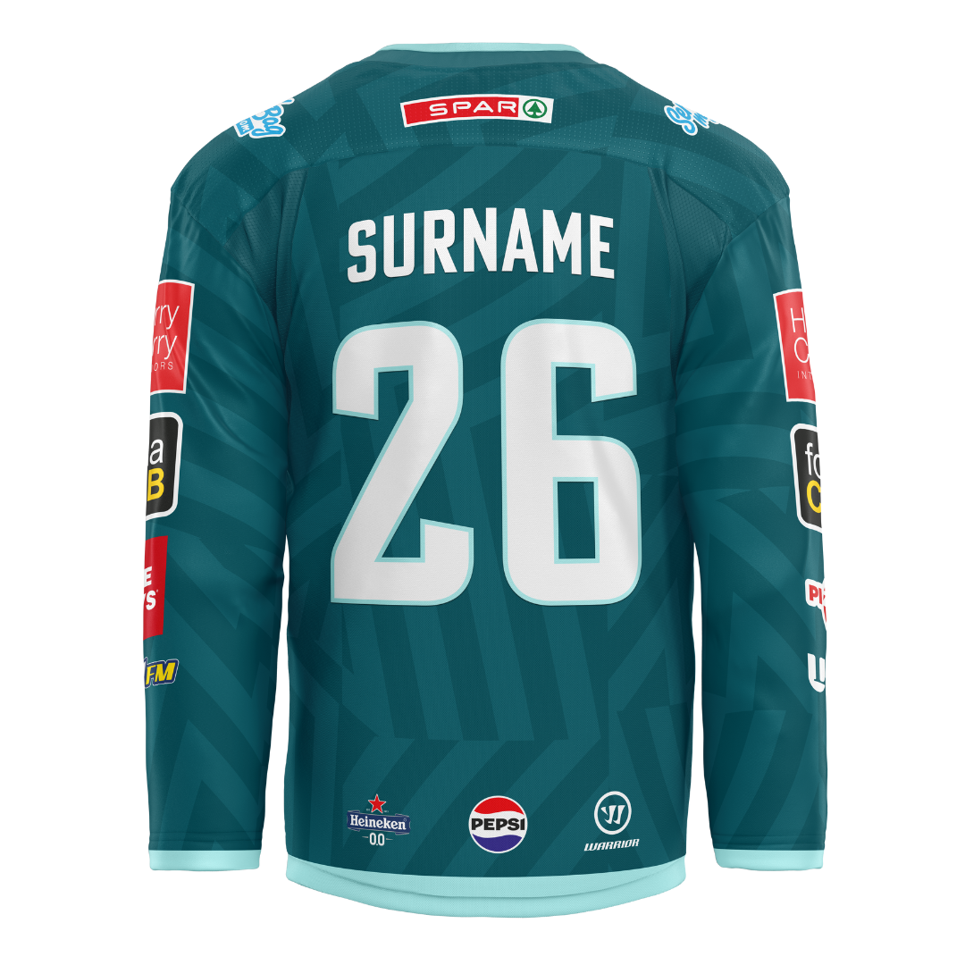 A Custom Fan Goalie Replica 25/26 Home Jersey by Belfast Giants in teal, personalised with number 26 and SURNAME. Features sponsor logos Spar, Pepsi, and Heineken on the shoulders, sleeves, and lower back.