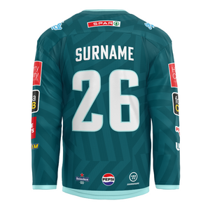 A Custom Fan Goalie Replica 25/26 Home Jersey by Belfast Giants in teal, personalised with number 26 and SURNAME. Features sponsor logos Spar, Pepsi, and Heineken on the shoulders, sleeves, and lower back.
