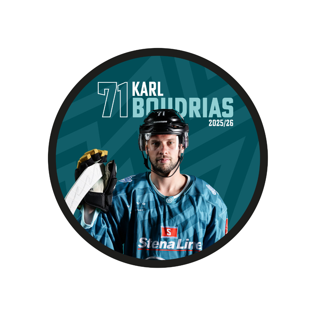 A hockey player in teal holds up a gloved hand. The text reads: 71 Karl Boudrias 2025-26 on a teal background with a black border. Official Belfast Giants 2025-26 Player Puck—ideal for fans and collectors of limited edition ice hockey pucks.