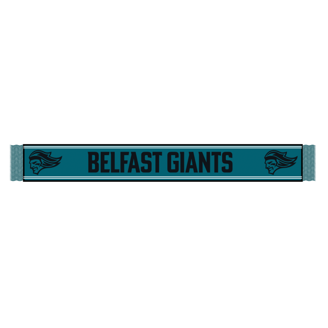 Show your support with the Belfast Giants Scarf Teal with Black Logo from Belfast Giants, featuring bold black BELFAST GIANTS lettering and a stylized giants head logo at each end—a must-have accessory for devoted fans.