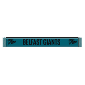 Show your support with the Belfast Giants Scarf Teal with Black Logo from Belfast Giants, featuring bold black BELFAST GIANTS lettering and a stylized giants head logo at each end—a must-have accessory for devoted fans.