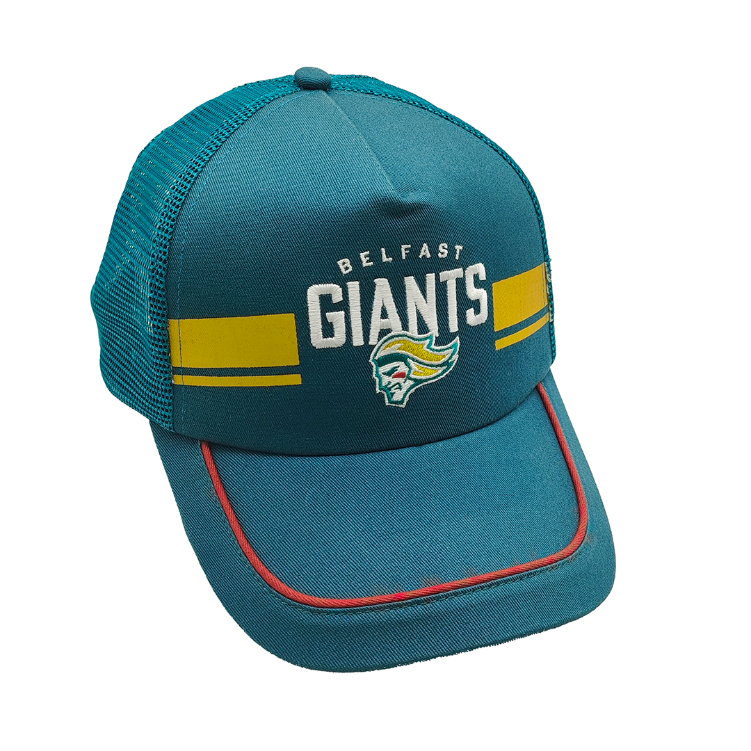 The Belfast Giants Cap Teal/Gold Stripe features teal fabric with gold stripes, a mesh back, red piping on the brim, and the Belfast Giants name and logo in white and green on the front.